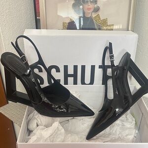SCHUTZ Black Patent Pointed-Toe Slingback Heels EUC